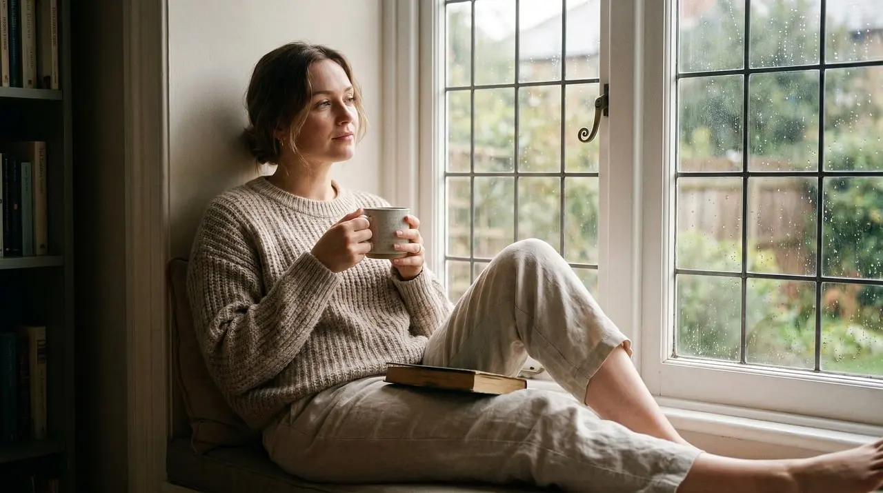 Stock photo: woman with a mug by a rainy window, cozy at home